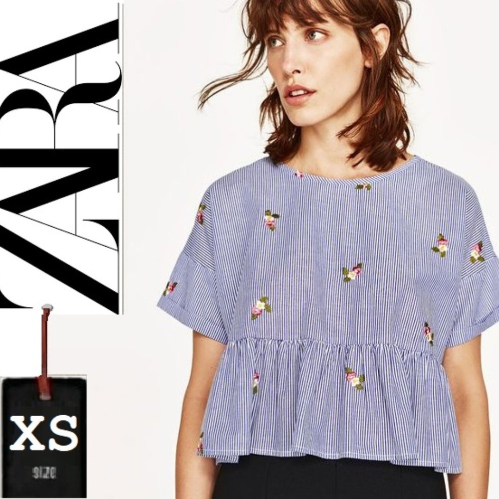 🎁 10/$25- Zara blue and white pinstripe crop top with sleeves, ruffle waist, XS